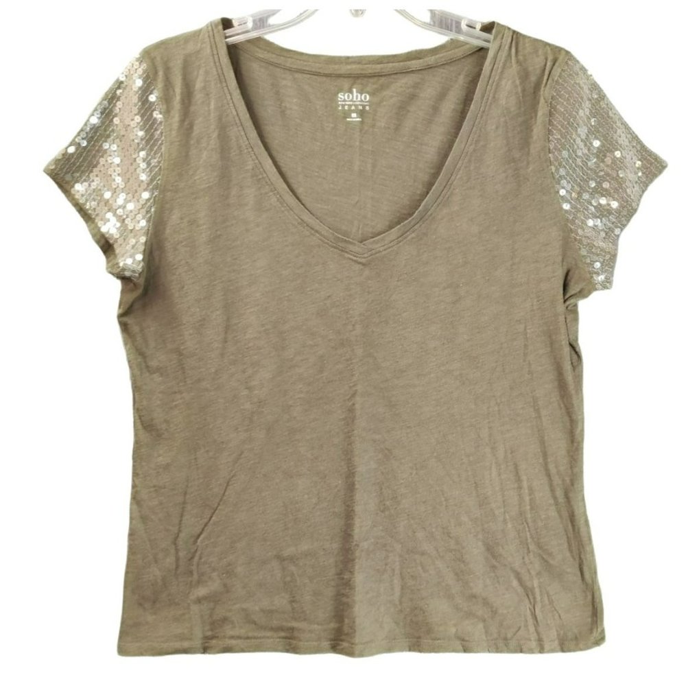 Soho New York & Company Olive Green Casual Tee Sequin Short Sleeves